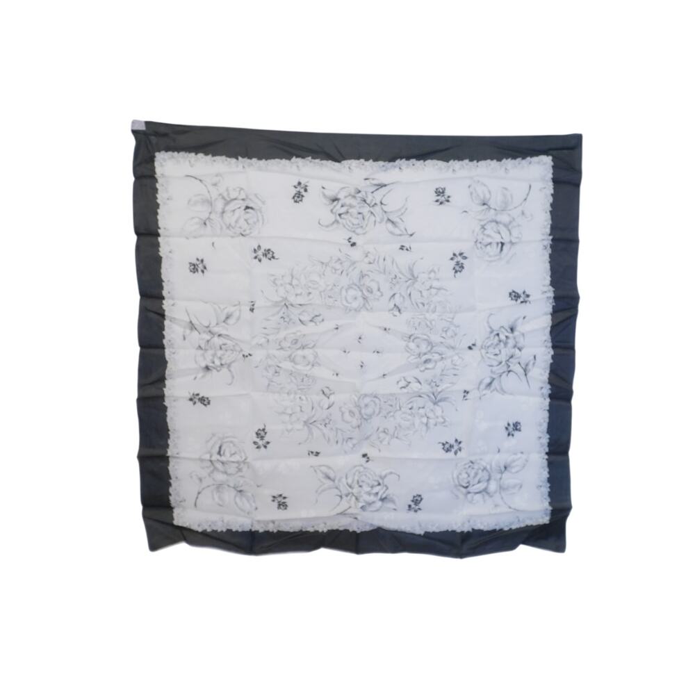 Vintage Gray Floral Silk Rayon Square Scarf 30x30 Black White Rose Border